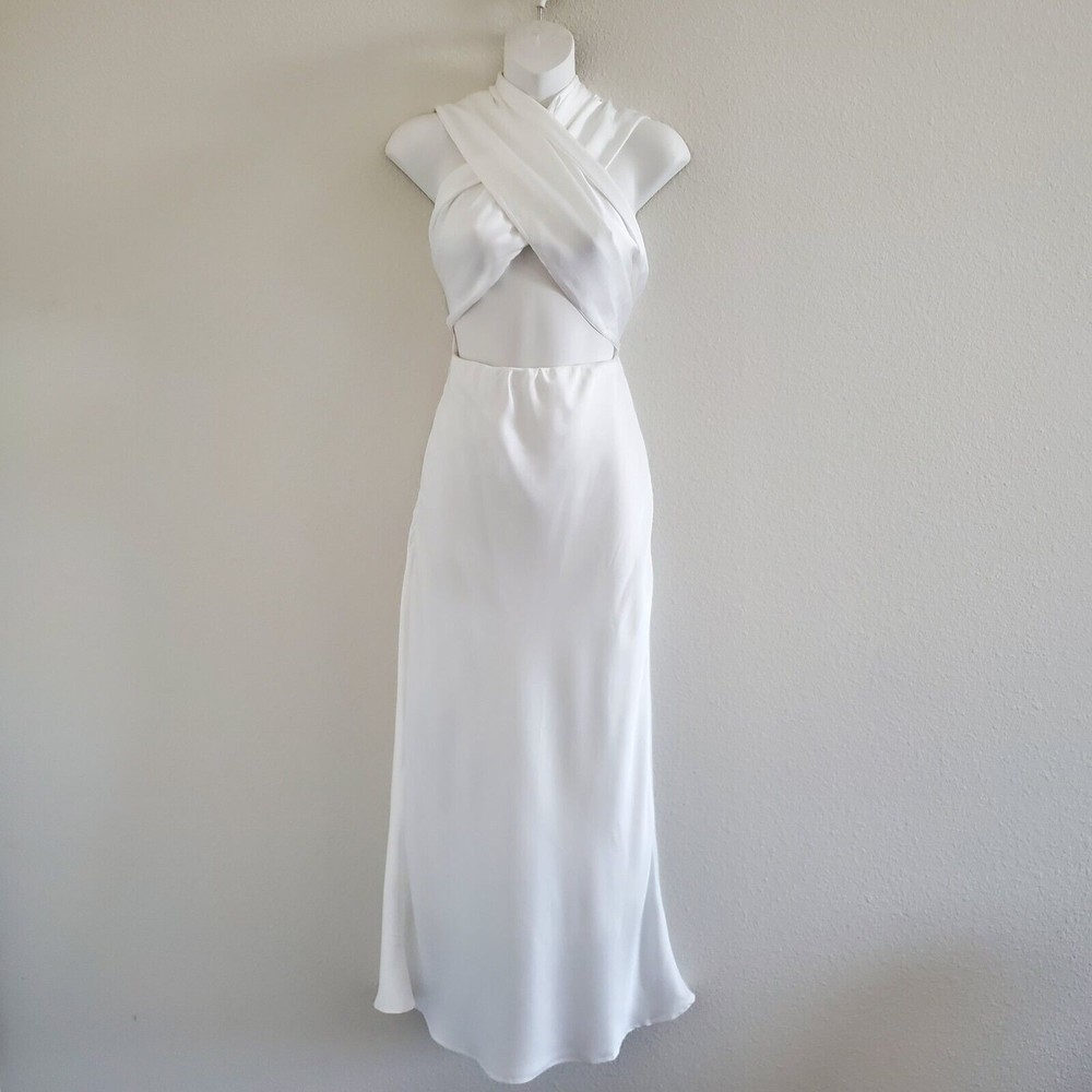 Princess Polly Fiorella Satin Midi Slip Dress 6 White Halter Tie Neck - Picture 2 of 10